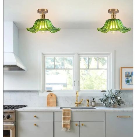 Lot de 2 Moderne Plafonnier en Verre,25cm Lampe de Plafond Vintage Style Nordique Lustre Retro Abat-jour Design Fleurs,Vert (1/5)