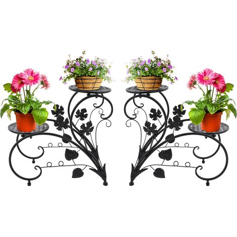 Lot de 2 porte-plantes en fer – Support de fleurs d'intérieur à 2 plateaux ronds – 45 x 20 x 41 cm, noir – Décoration pour salon, balcon et terrasse (1/5)