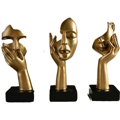 Set of 3 Gold Decorative Statues for Home – Woman's Face – Gold Desk Decoration (1/5)