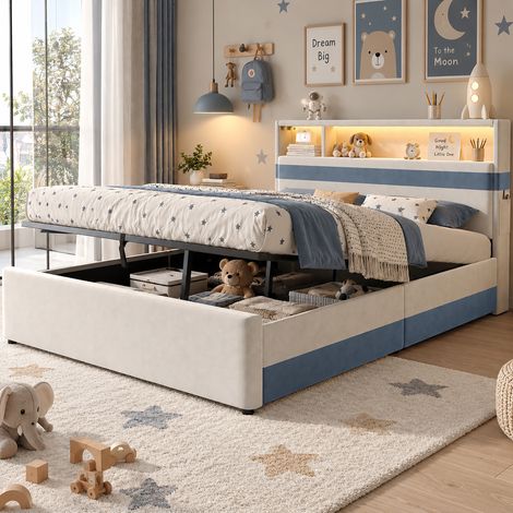Lit double rembourré 140 x 200 cm avec LED et ports USB, lit coffre avec poches latérales et tête de lit avec tablette, velours, blanc (1/5)