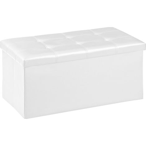 Pouf Contenitore In Ecopelle Cassapanca Pieghevole 87 Litri Capienza,Salvaspazio,Portaoggetti,Seduta Imbottita,Portata 300 Kg Rettangolare Pouff Poggiapiedi Sgabello Bianco