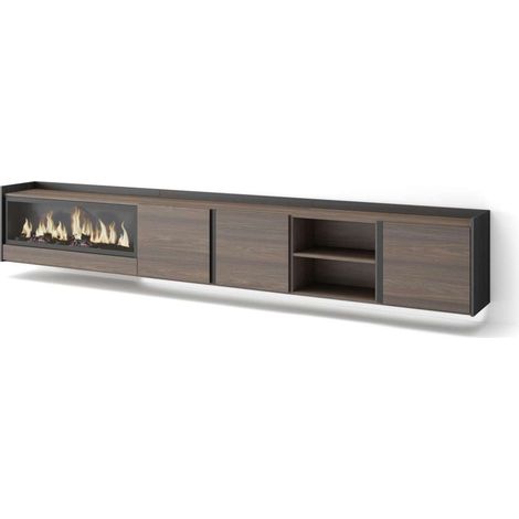 Mueble TV Cartajima-02 de 315x50x35 cm con chimenea y luces LED, suspendido, color roble oscuro y negro (1/4)