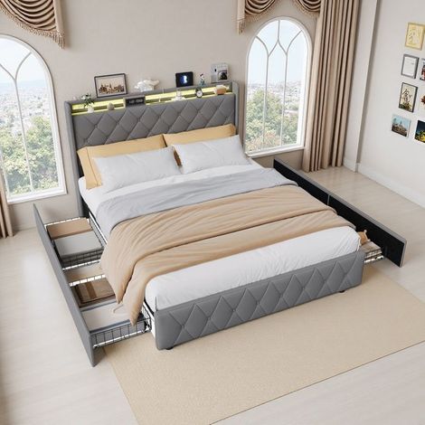 Doppelbett - 160x200 cm - Graues Velours - Integrierte LED - 4 Stauraumschubladen