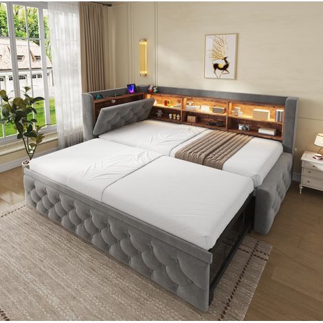 Ausziehbares Schlafsofa 90x190 cm aus dunkelgrauem Samt, LED, USB-C, Stauraum OKMYHOME (1/5)