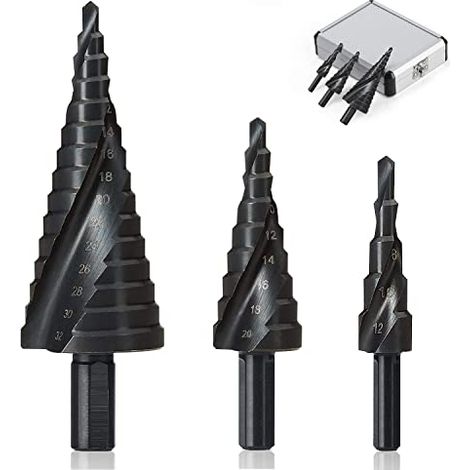 3Pcs Foret Étagé 4-12/20/32mm, Fraise Meche Etage, HSS Inox Metal, Triangle Conique Titane, avec Tige Hexagone, pour Visseuse Percage sur Acier, Laiton, Bois, Plastique - (1/5)