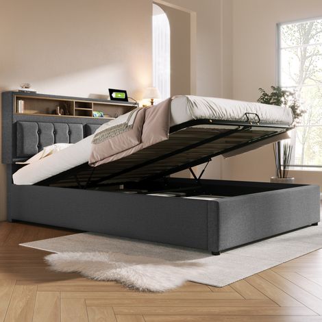 Cama tapizada 140x200 cm moderna de lino gris con cabecero regulable, USB/Type-C, enchufes y arcón (1/5)