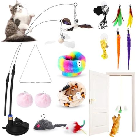 Canne à pêche pour chat avec ventouses, 14 pièces jouet interactif pour chat, jouets d'intérieur pour chats, jouet pour chaton avec grelot, pour jouer et faire de l'exercice (1/5)
