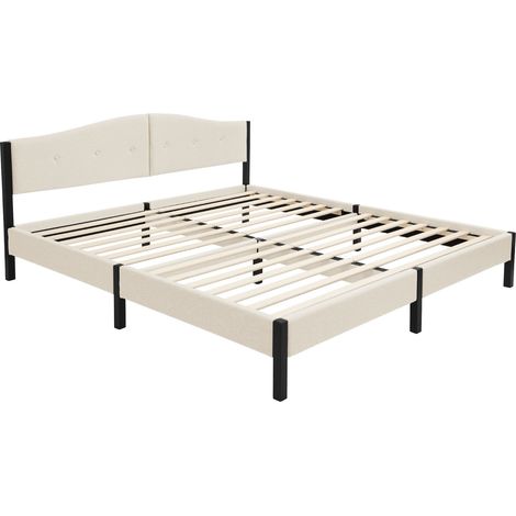 ML-Design Cama Tapizada Doble 180x200 cm Estructura con Cabecero y Somier Robusto de Láminas con Armazón de Acero y Tejido de Lino Beige, Base para Dormitorio Matrimonial Moderno (1/5)
