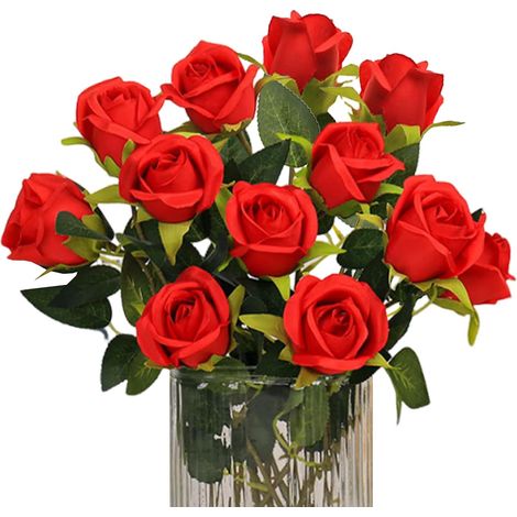 Lot de 12 roses artificielles en soie rouge - Bouquet simple à longue tige - Fleurs décoratives réalistes pour mariage, fête, bureau, décoration d'intérieur (1/5)