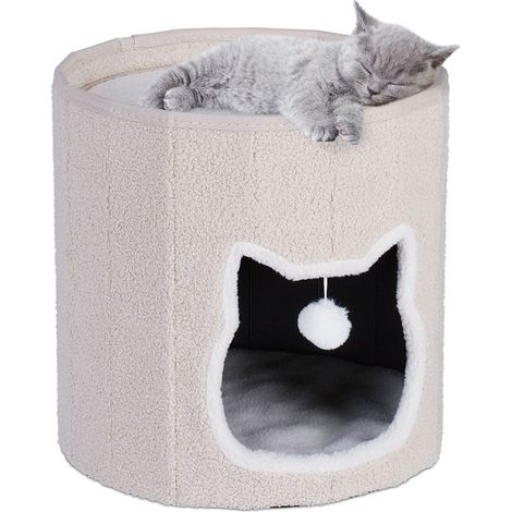 Relaxdays Katzenhöhle mit Kissen, Spielzeug, faltbares Katzenhaus, Katzenversteck, Tierhaus, H x D: 40 x 39 cm, beige