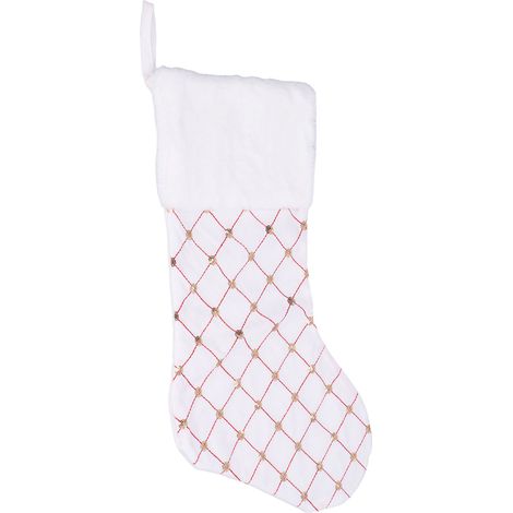 Karierte Weihnachtsstrümpfe, glitzernde goldene Bonbontüten, hängender Baumschmuck, weiße Gastgeschenktüte (1/5)