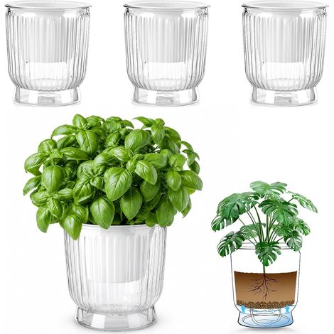 Lot de 4 Pots Auto Arrosant 11 cm, Pot de Fleur Intérieur, Durable Plastic Indoor Plant Pots, Pot Fleur Interieur avec Mèche (1/5)