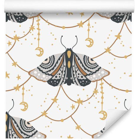 Papier peint bohème Arc-en-ciel et Papillons Gris, Or et Crème 50x1000 cm (1/5)