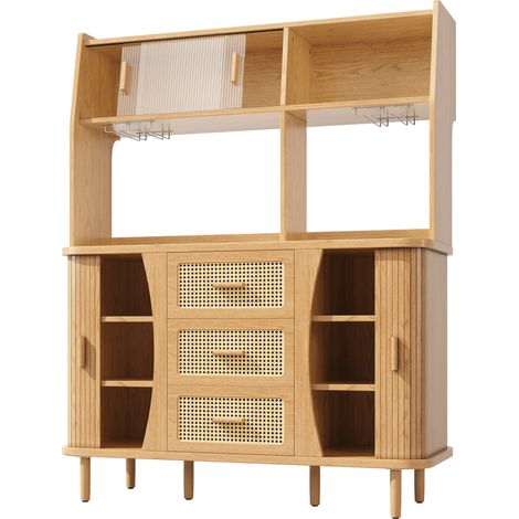 Buffet de cuisine haut avec portes coulissantes en verre et tiroirs effet rotin 140x40,5x174,5 cm (1/5)
