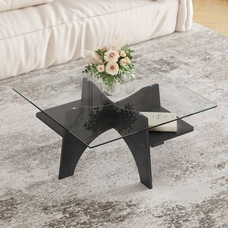 Mesa auxiliar cuadrada moderna de 80 cm de vidrio templado con estructura de MDF efecto madera negra (1/5)
