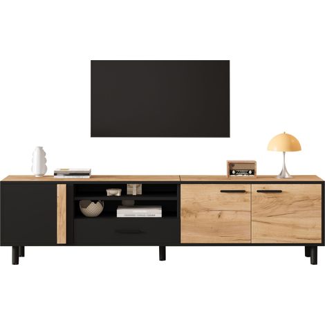 Meuble TV de 180 cm,avec LED,1 tiroir,TV Lowboard Moderne pour Le Salon,180 x 32 x 50 cm,Noir + Bois (1/5)