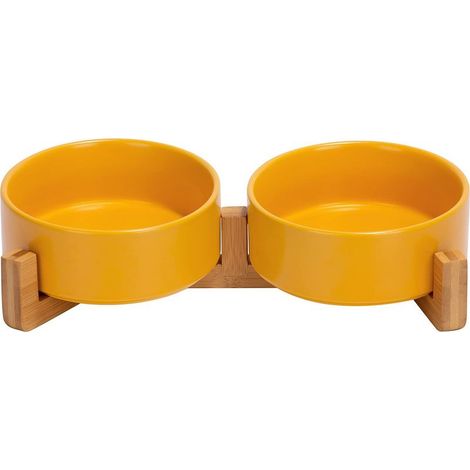 Lot de 2 gamelles orthopédiques doubles chat avec socle en bois antidérapant, en céramique, 13 cm, jaune (1/5)