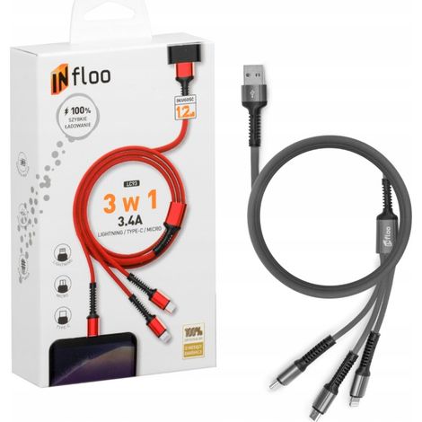 Câble INfloo 3-en-1 Lightning / Type-C / Micro USB Gris (1/5)