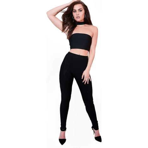 Schwarze Leggings aus Bandagenmaterial für Damen, formende Stretchhose, Einheitsgröße, ideal für Sport und Alltag (1/3)