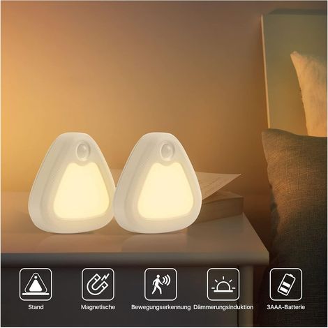 Veilleuse LED Pile [Lot de 2], Veilleuse Automatique avec Détecteur de Mouvement, Blanc Chaud Lampe Detecteur de Mouvement Interieur, Veilleuse Enfant pour Couloir, Cuisine, Escalier, Armoire (1/5)