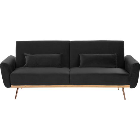 Sofá cama tapizado en terciopelo negro 3 plazas patas de metal cojines adicionales retro Eina