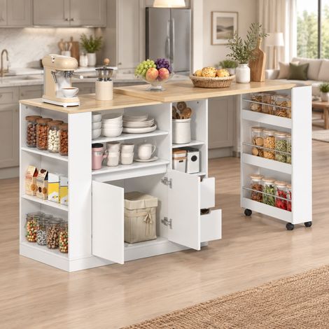 Isola cucina 115x50x92 cm MDF bianco/naturale con piano estensibile – MEUBLIV (1/5)