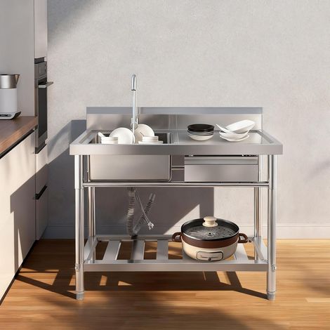Évier de cuisine en acier inoxydable - Évier de cuisine simple - Évier commercial d'extérieur avec tiroir droit - Lavabo réglable en hauteur avec robinet à 360° (bac gauche)