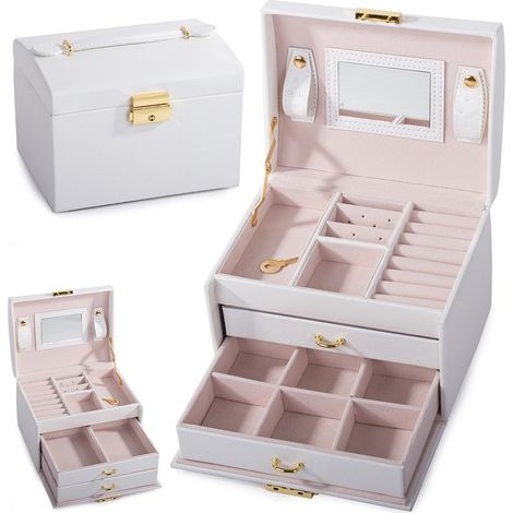 Boîte à bijoux avec miroir, blanche, verrouillable, doublée de velours, 12 x 17 x 13,5 cm, rangement pour bagues et colliers, blanche