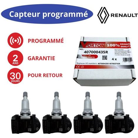 4x Capteur de pression des pneus TPMS programmé Valve roue RENAULT Fluence Laguna III Latitude Megane III Scenic III Zoe 407000435R