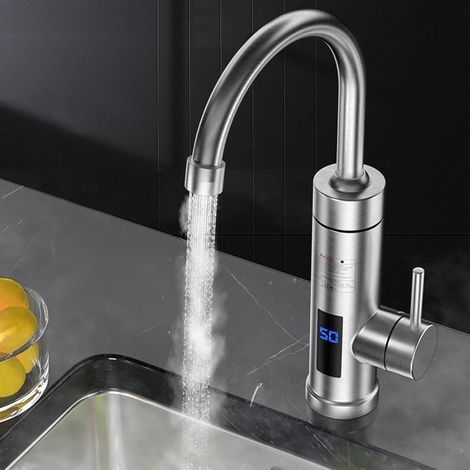 Robinet de chauffage électrique, 3000W Chauffe-eau instantané 220 V Robinet électrique en acier inoxydable avec indicateur de température LED Pour évier de Cuisine, Salle de Bain (Silver) (1/5)