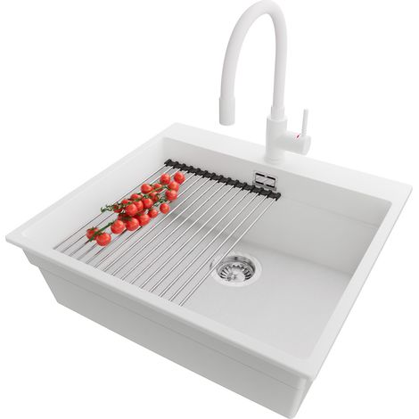 PRIMAGRAN Evier Cuisine en Granit 58x53cm, Lavabo 1 bac + Robinet 38x14cm + Kit de Vidage + Accessoire, Évier à Encastrer au meuble 60cm - Oslo Max, Blanc (1/5)