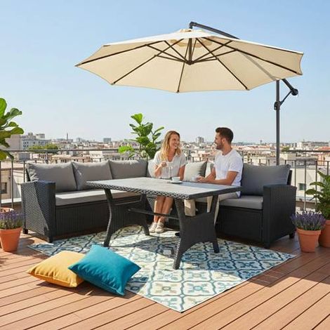 BIRCHTREE Patio Rattan Furniture Set 5 Seater L-Shaped Corner Sofa Dining Table Set Black