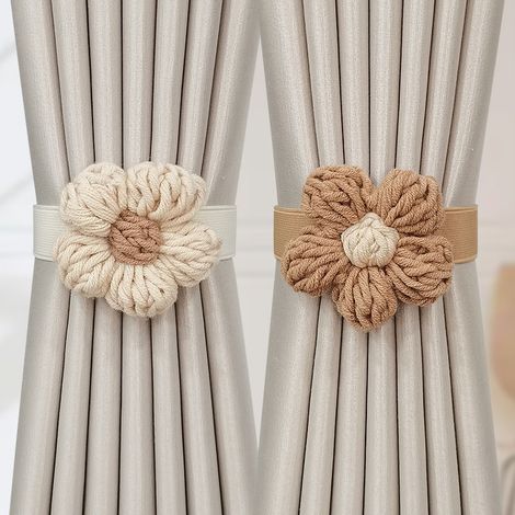 Lot de 2 embrasses de Rideaux Faites à la Main en Corde pour décoration de Bureau Maison(Beige et café) (1/5)