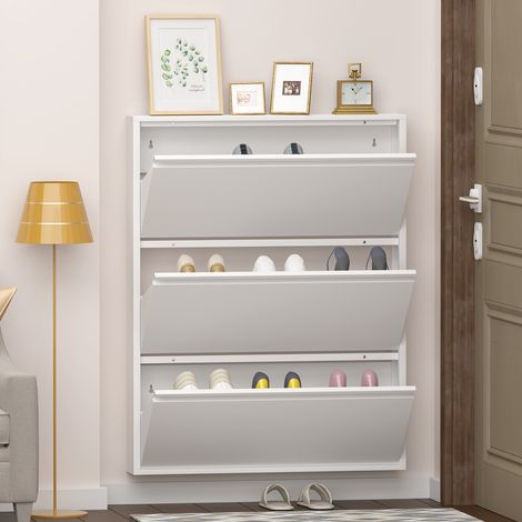 Mueble zapatero mural con 3 cajones abatibles, almacenamiento discreto, estructura metálica, blanco (1/5)