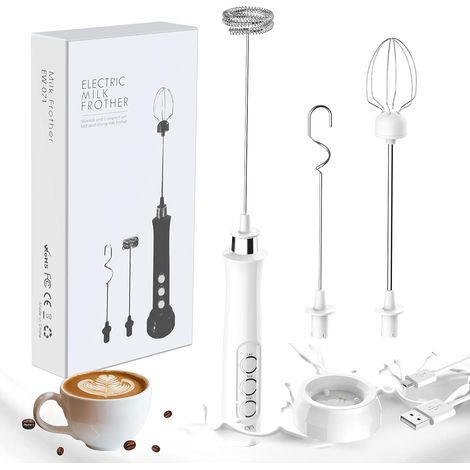 Mousseur à Lait, Machine à Mousse électrique Portative, Mélangeur de Boisson 3 en 1, Station de Chargement USB avec 3 Fouets en Acier Inoxydable pour Café, Lait et Cuisine Blanc (1/4)