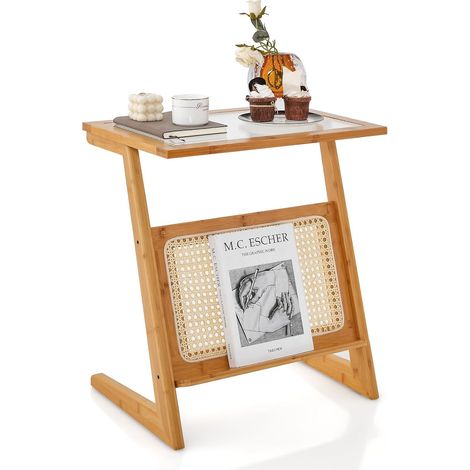COSTWAY Bambus Beistelltisch, Z-förmiger Couchtisch mit Rattan Zeitschriftenhalter & Glasplatte, Sofatisch für Schlafzimmer, Wohnzimmer, 51,5 x 37 x 58 cm (1/5)