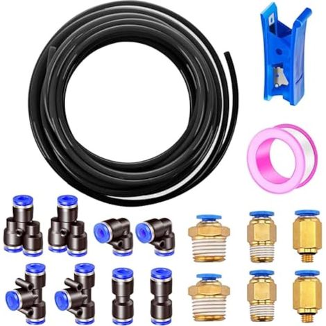 Tuyau Pneumatique Noir 10 m, 1/4 Pouce, Diamètre Extérieur 6 mm, avec 14 Connecteurs Pneumatiques + 1 Coupe-Tuyau + 1 Rouleau de Ruban Adhésif (1/5)