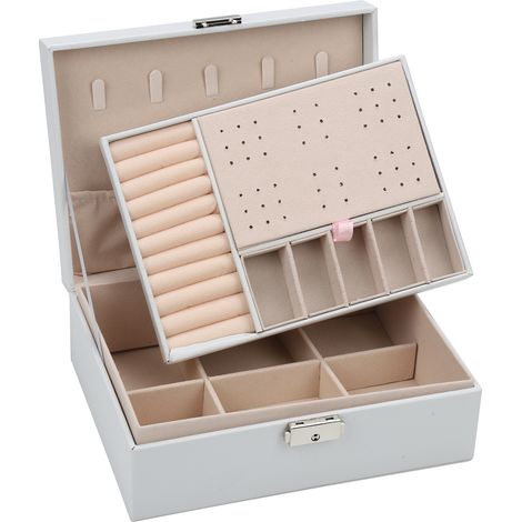 Jiubiaz Boîte à bijoux Coffret à Bijoux Rangement Organiseur à double couche avec serrure Blanc Coffret Bijoux Verrouillable Jewelry Stockage
