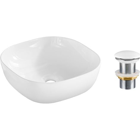 Lavabo da appoggio quadrato 41x41 cm bianco lucido in ceramica con piletta clic-clac