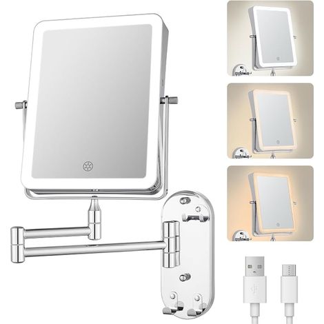 Lighted Makeup Mirror, Bathroom Mirror with 3 Colours Illumination, 7X Magnifying LED Wall Mirror, 360° Rotatable and Extendable AMZ-NHZJ2323-EU (1/5)