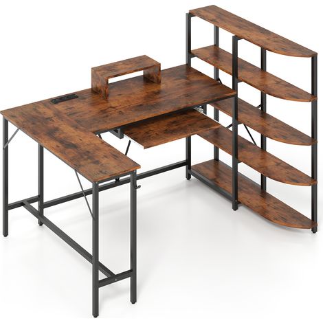 Bureau en L avec 5 Étagères, Table d'Ordinateur avec Support pour Moniteur, Bureau d'angle avec Crochet pour Casque et Tiroir pour Clavier, Marron