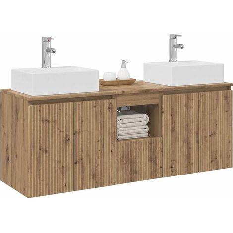 Ensemble Meuble de Salle de Bain 3 Pièces en Chêne Massif Artisanal, Vanité avec Lavabo et Miroir, Style Moderne Élégant pour WC (1/5)