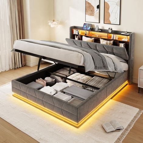 Lit multifonctionnel avec éclairage LED, étagères ouvertes, poches latérales et station de charge USB/Type-C – tête de lit avec rangement et sommier à lattes (300 kg) pour un confort optimal