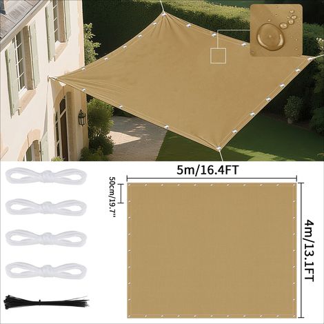 (Jaune sable 4x5M) Voile d'ombrage imperméable avec œillets, adaptée aux jardins et terrasses extérieures. (1/5)