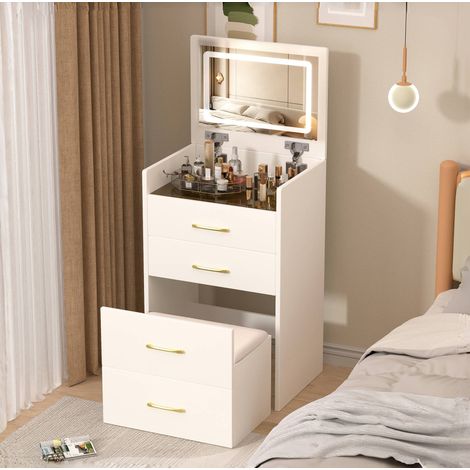 Schminktisch 60x40x118 cm Weiß MDF mit Klappspiegel, Glasplatte, 3-in-1-Funktion und Hocker (1/5)