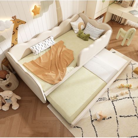 Cama infantil 90x190 cm de lino beige con cama nido, sin colchón -FLORAGRACE (1/5)