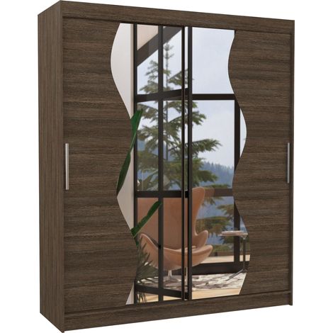Armoire de chambre moderne marron 2 portes coulissantes avec miroir Voky 180cm (1/5)