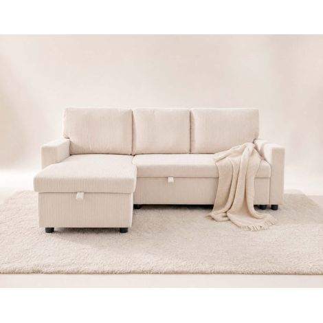 Meiya - canapé d'angle réversible 4 places convertible avec coffre en velours côtelé - beige (1/5)