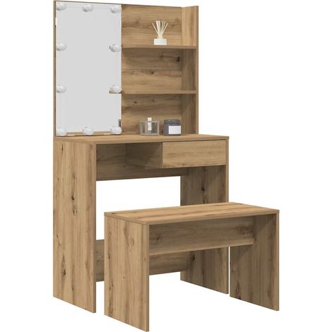 Ensemble coiffeuse avec miroir LED réglable, bois d’ingénierie chêne artisanal et tabouret - PANGIVO (1/5)