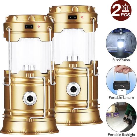 2 Pcs LED Camping Lantern Solar USB Rechargeable, Must-Have For Emergency During Power Outage (1/5)